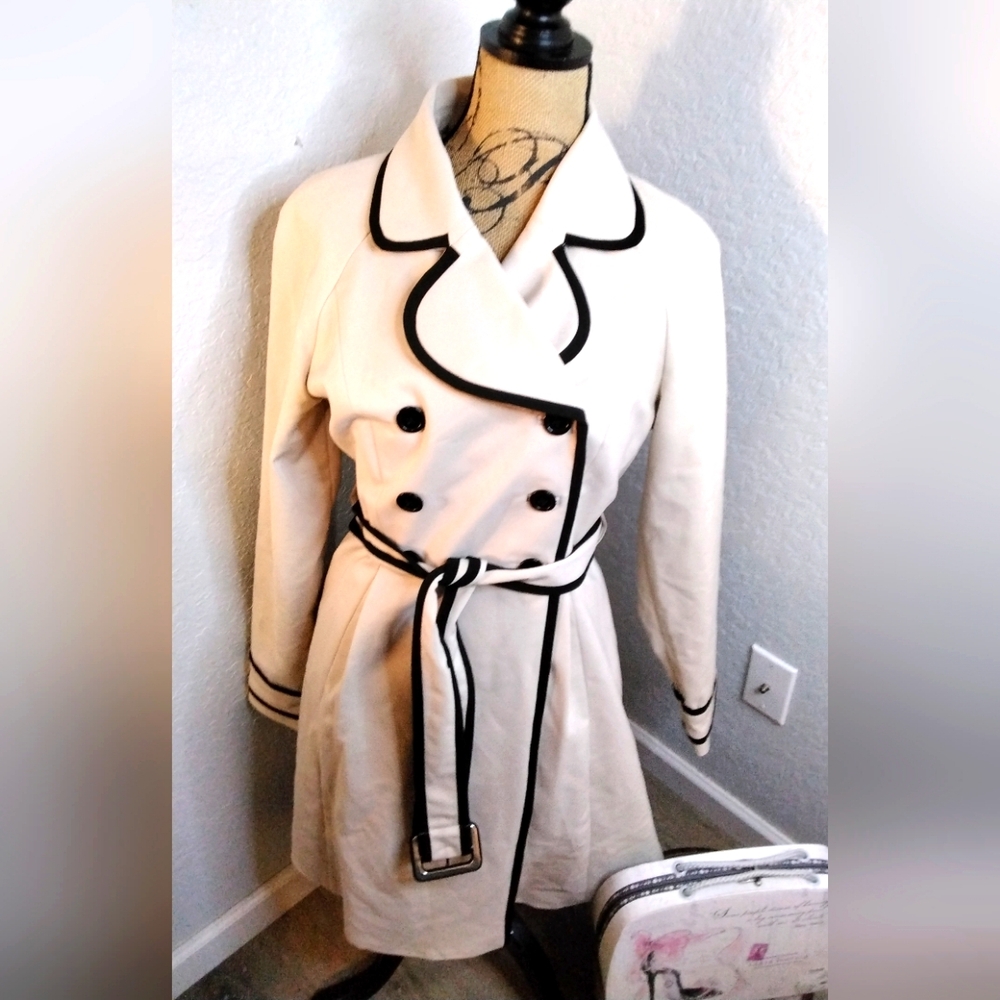 Elle Cream Trench Coat with Black Trim